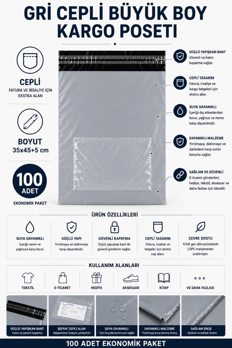 Gri Cepli Büyük Boy Kargo Poşeti 35x45+5 Cm 100 Adet - Görsel 2