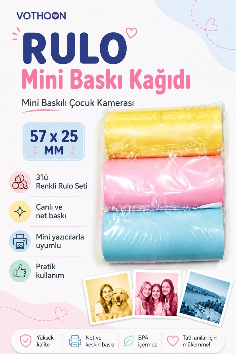 Çocuk Fotoğraf Makinesi Yedek Termal Baskı Kağıdı Renkli (3 Lü Rulo) – 57x25mm - Görsel 2