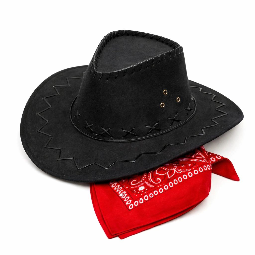 Çocuk Kovboy Şapka Siyah Kırmızı Bandana Seti - Görsel 2
