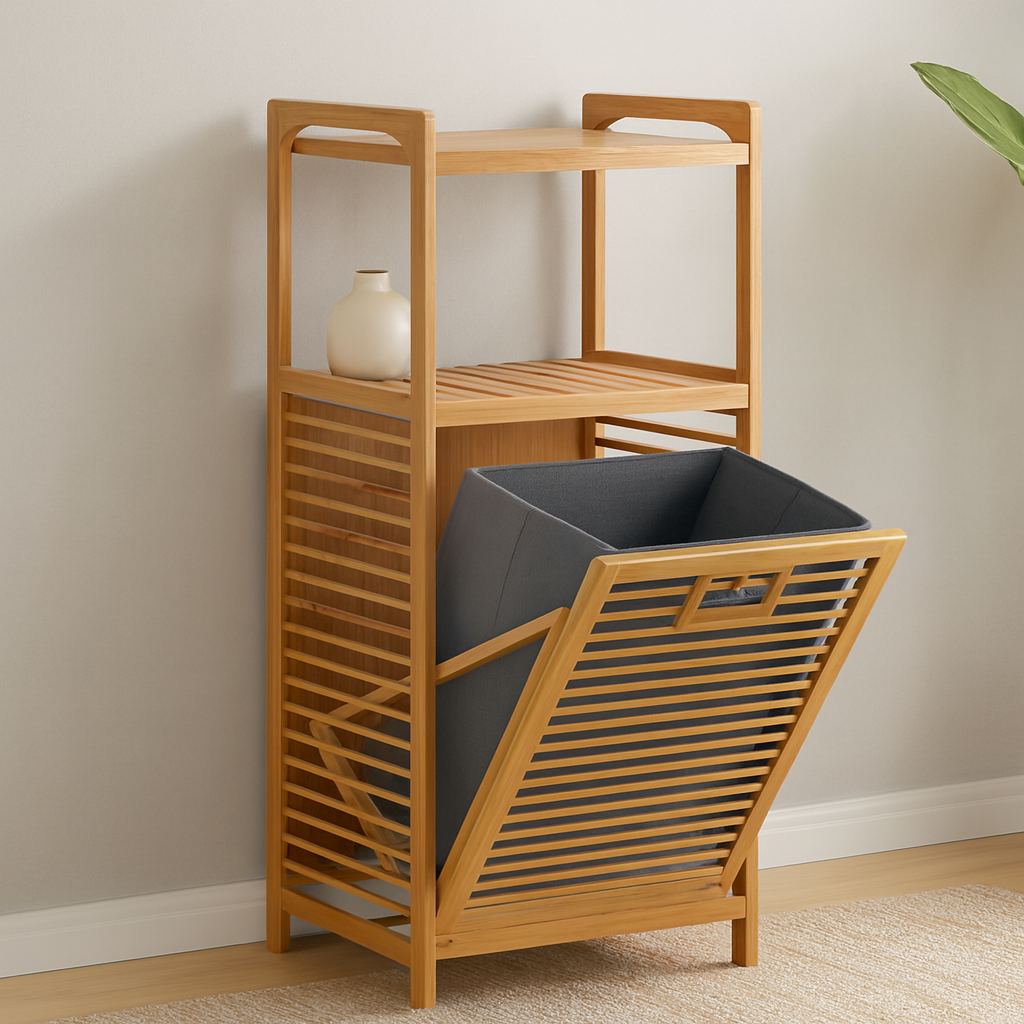 2 Katlı Bambu Çamaşır Sepeti Önden Çek-Aç Organizer 40x35x95 cm - Görsel 2