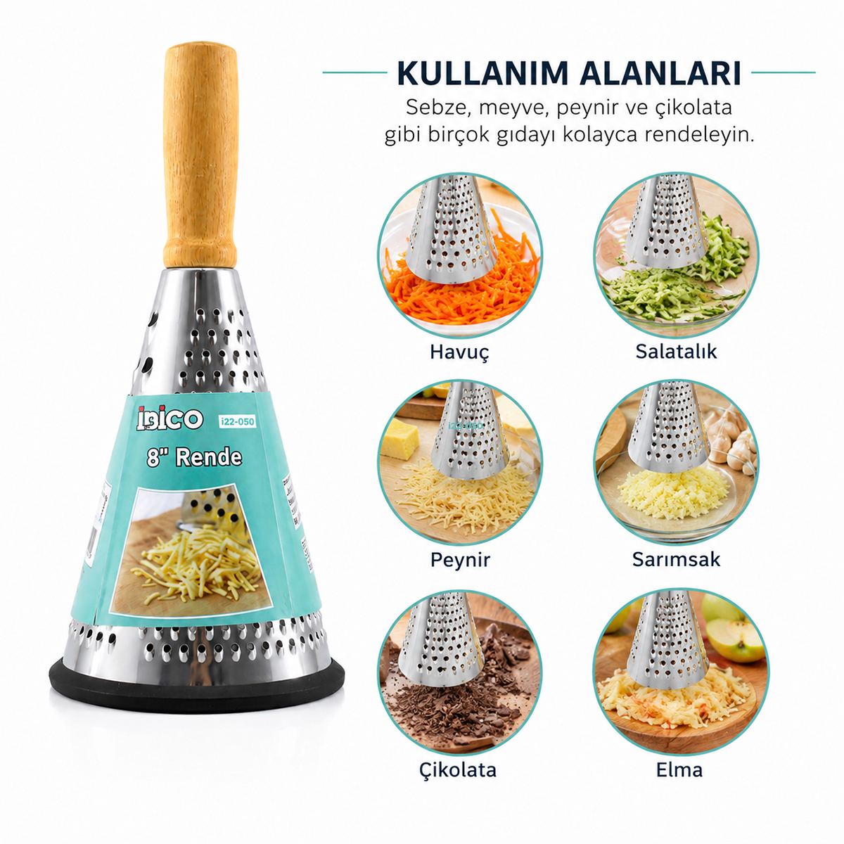 8" Ahşap & Bambu Saplı Çelik Rende (Silikon Taban, 3 Bölümlü) - Görsel 2