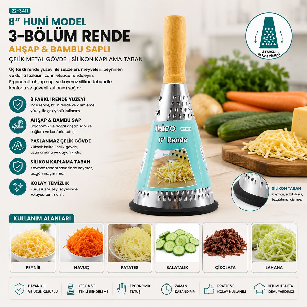 8" Ahşap & Bambu Saplı Çelik Rende (Silikon Taban, 3 Bölümlü) - Görsel 3