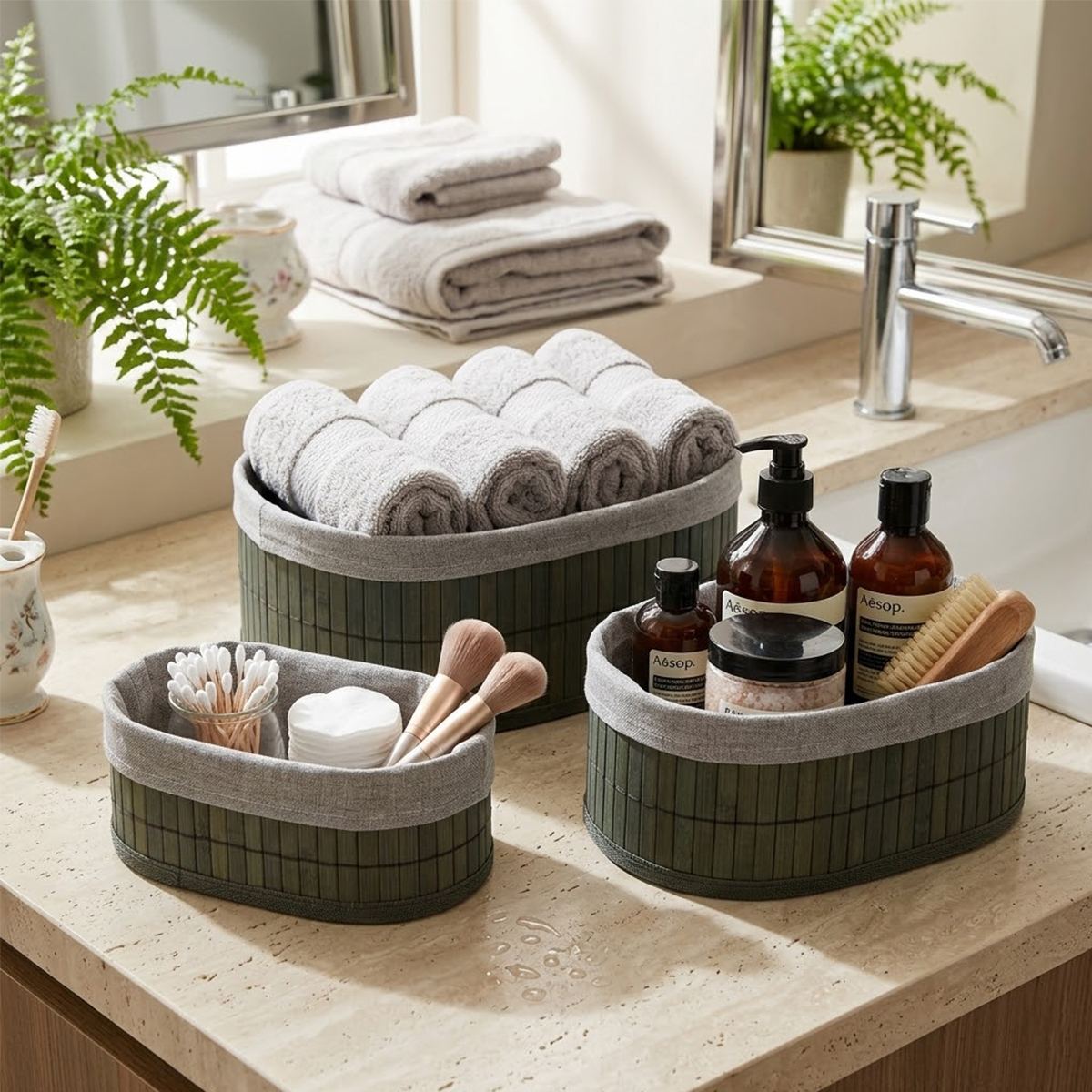 Oval Bambu Kenarlı 3'lü Organizer Sepet Seti - Gri - Görsel 3