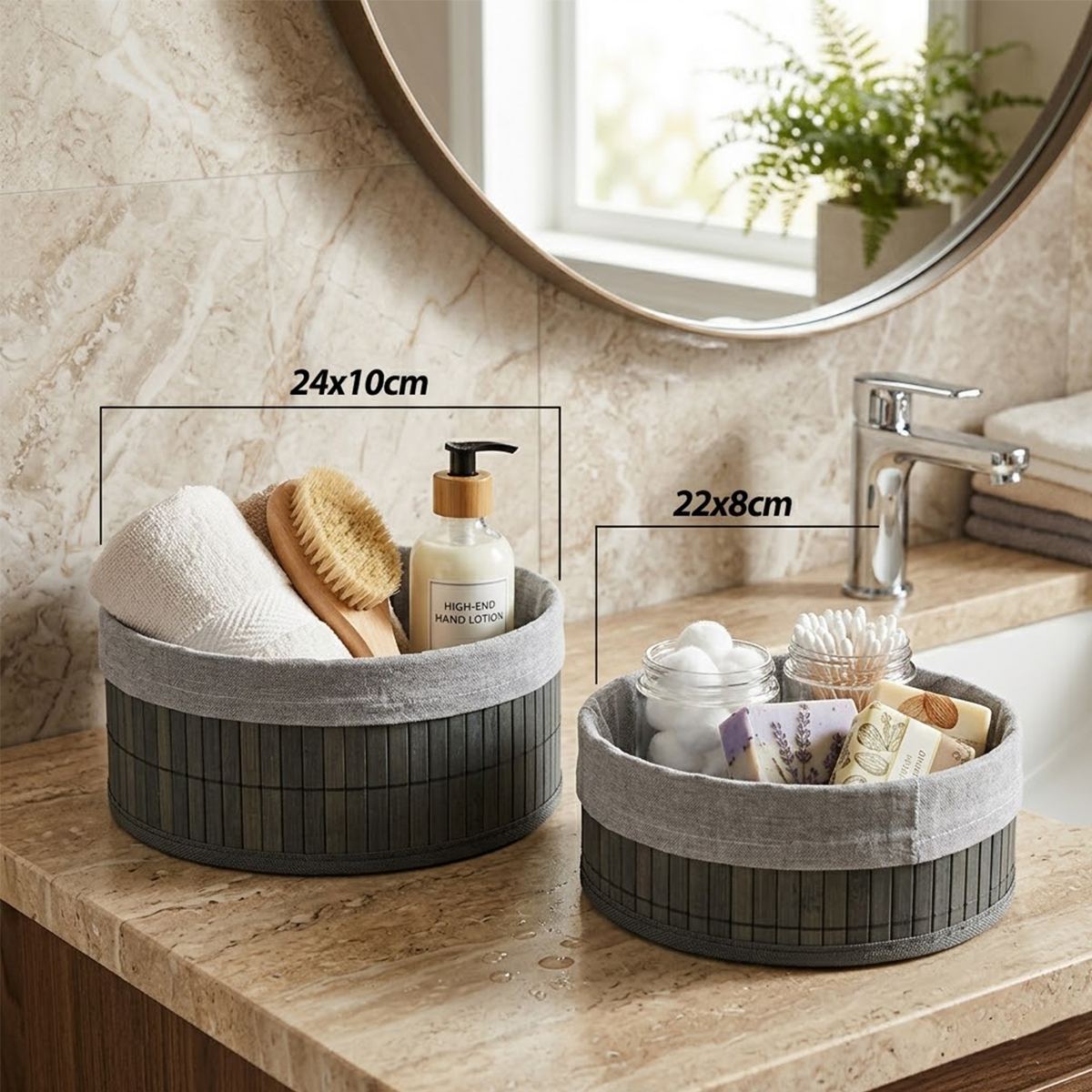 Yuvarlak Organizer Sepet - Bambu Kenarlı Ahşap Taban Bezli (Çap 22x24 cm) - Görsel 3