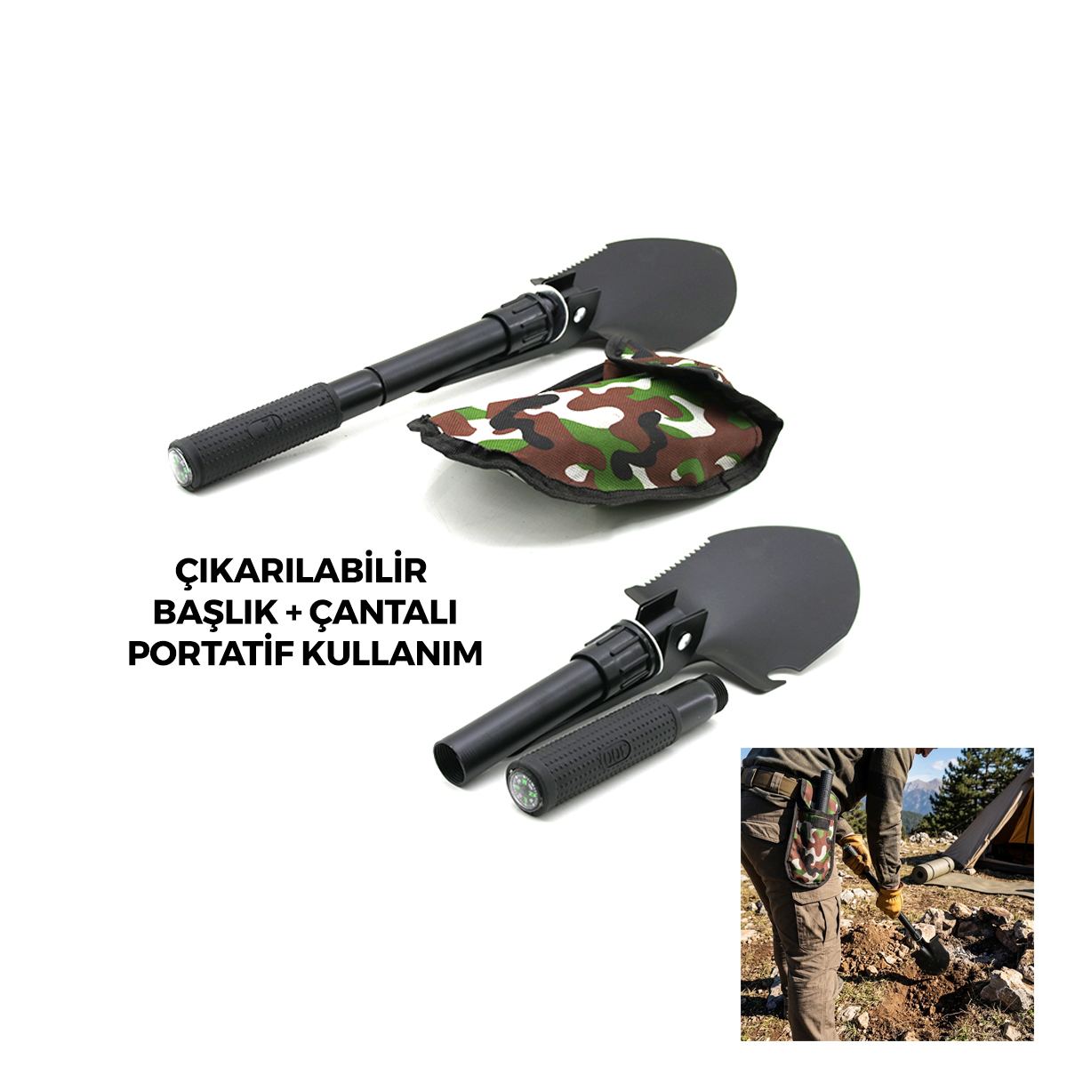 2-in-1 Katlanır Kazma Kürek - Vidalı Portatif Saplı, Pusulalı - Görsel 2