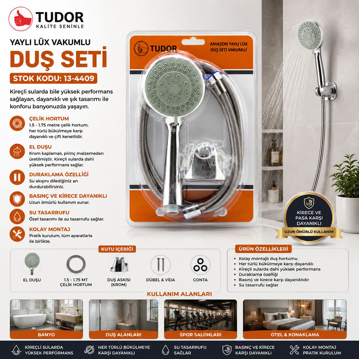 Krom Vakumlu Lüks Duş Seti - 150 cm Metal Yaylı Hortum - Görsel 3