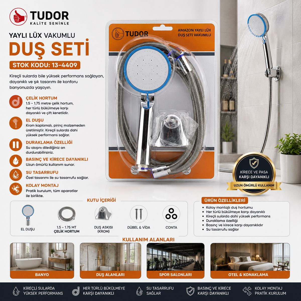 Krom Vakumlu Lüks Duş Seti - 150 cm Metal Yaylı Hortum - Görsel 4