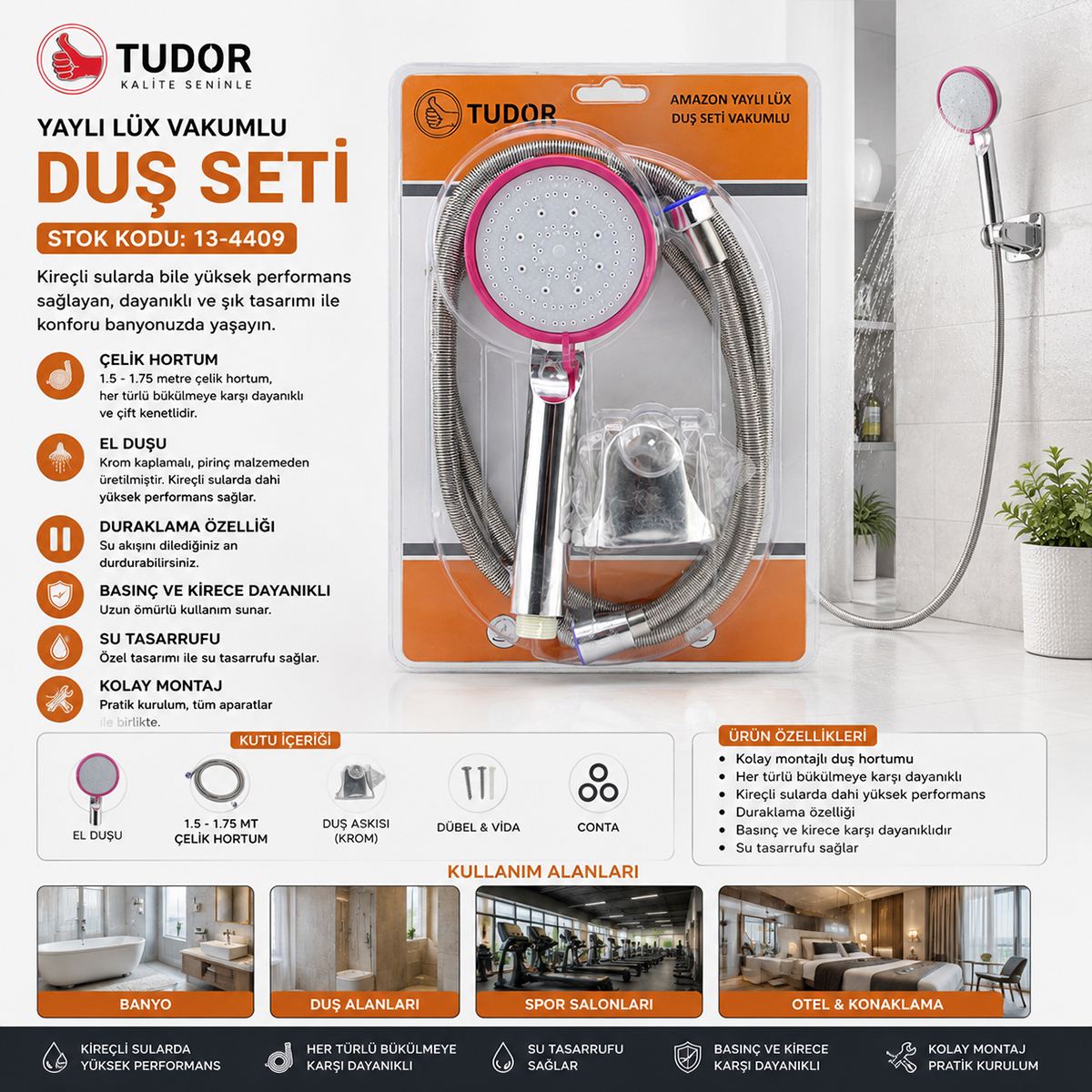 Krom Vakumlu Lüks Duş Seti - 150 cm Metal Yaylı Hortum - Görsel 5