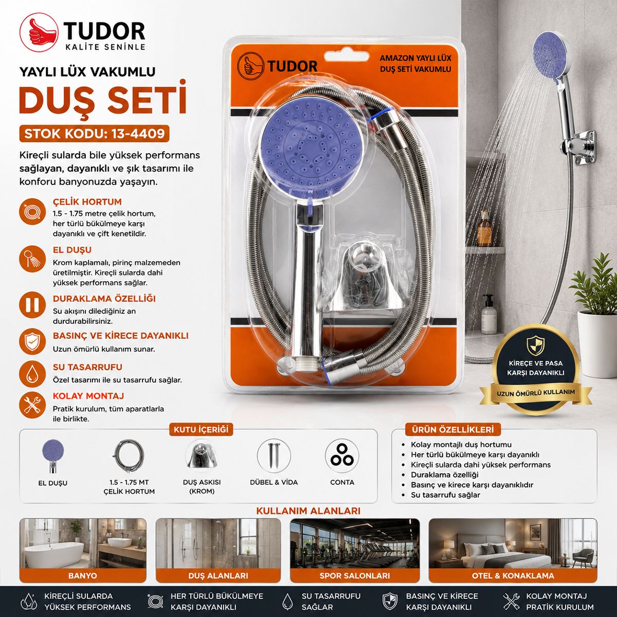 Krom Vakumlu Lüks Duş Seti - 150 cm Metal Yaylı Hortum - Görsel 2