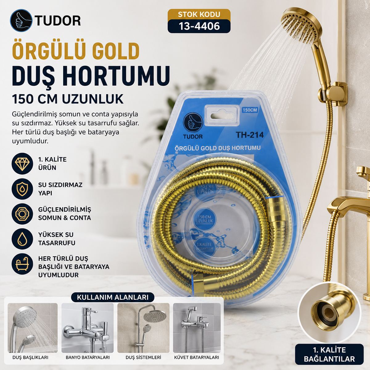 Örgülü Duş Hortumu 150 cm Gold - Görsel 2
