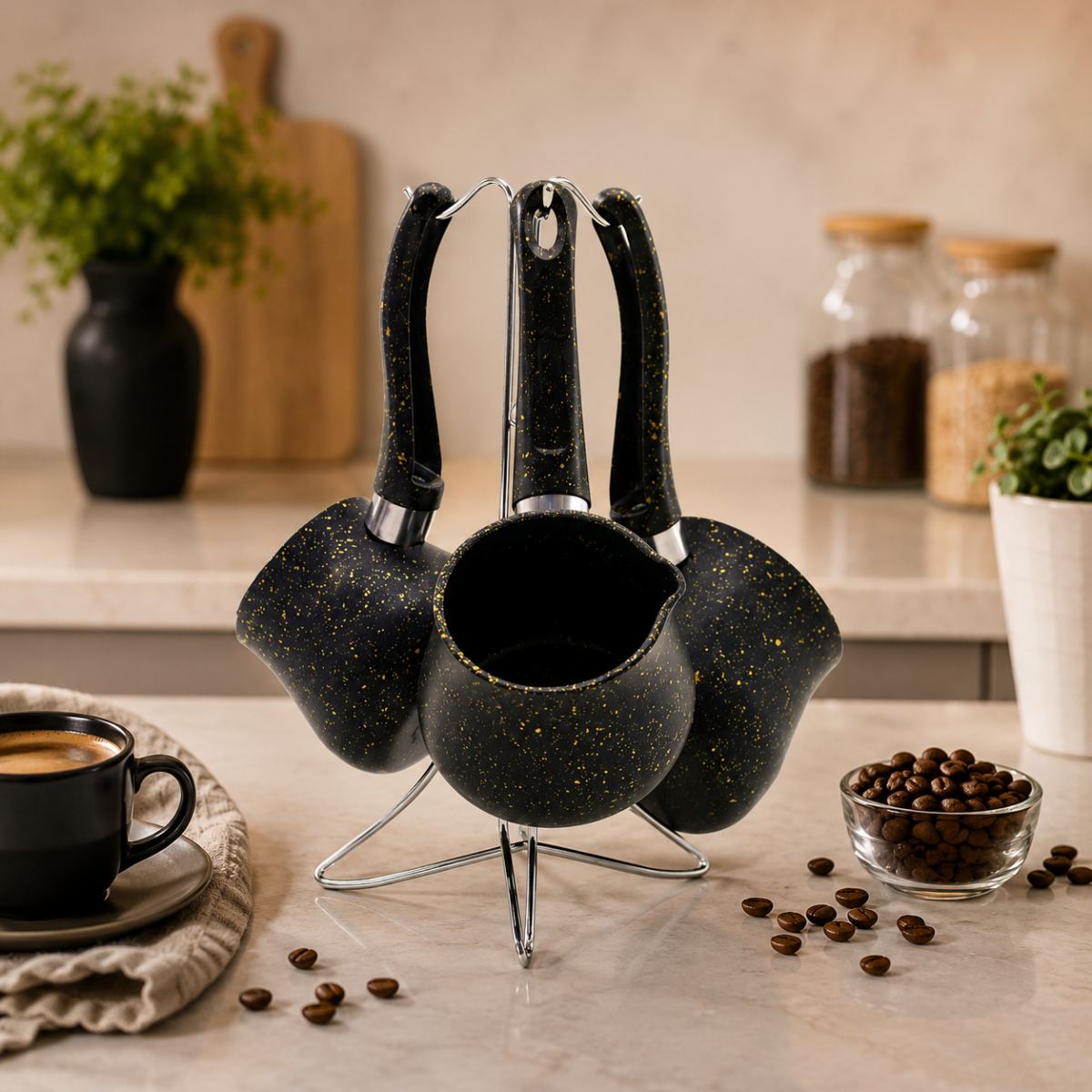 Granit Çelik Cezve Seti 4'lü (230/280/380 ml) Metal Standlı - Görsel 4