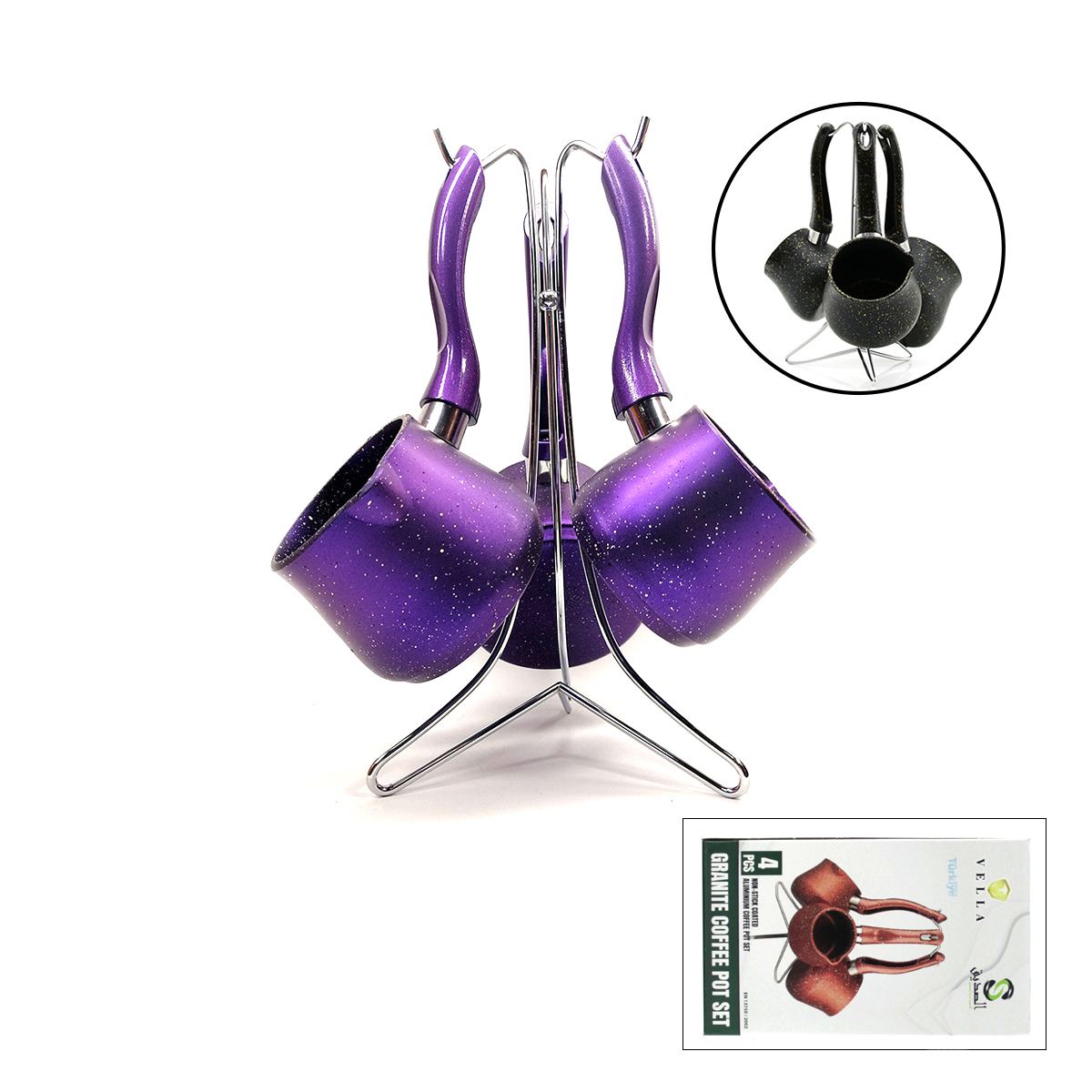 Granit Çelik Cezve Seti 4'lü (230/280/380 ml) Metal Standlı - Görsel 2