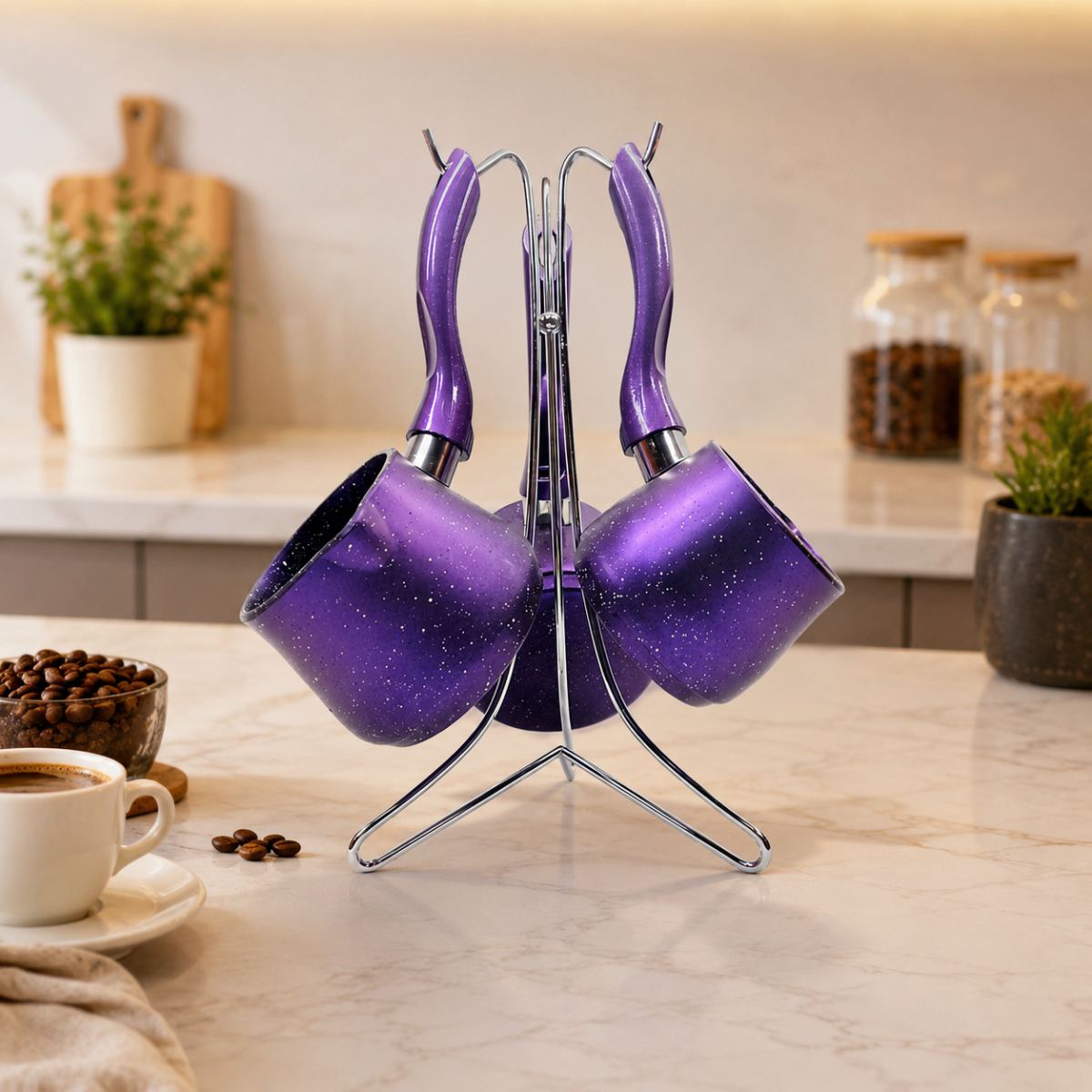 Granit Çelik Cezve Seti 4'lü (230/280/380 ml) Metal Standlı - Görsel 5