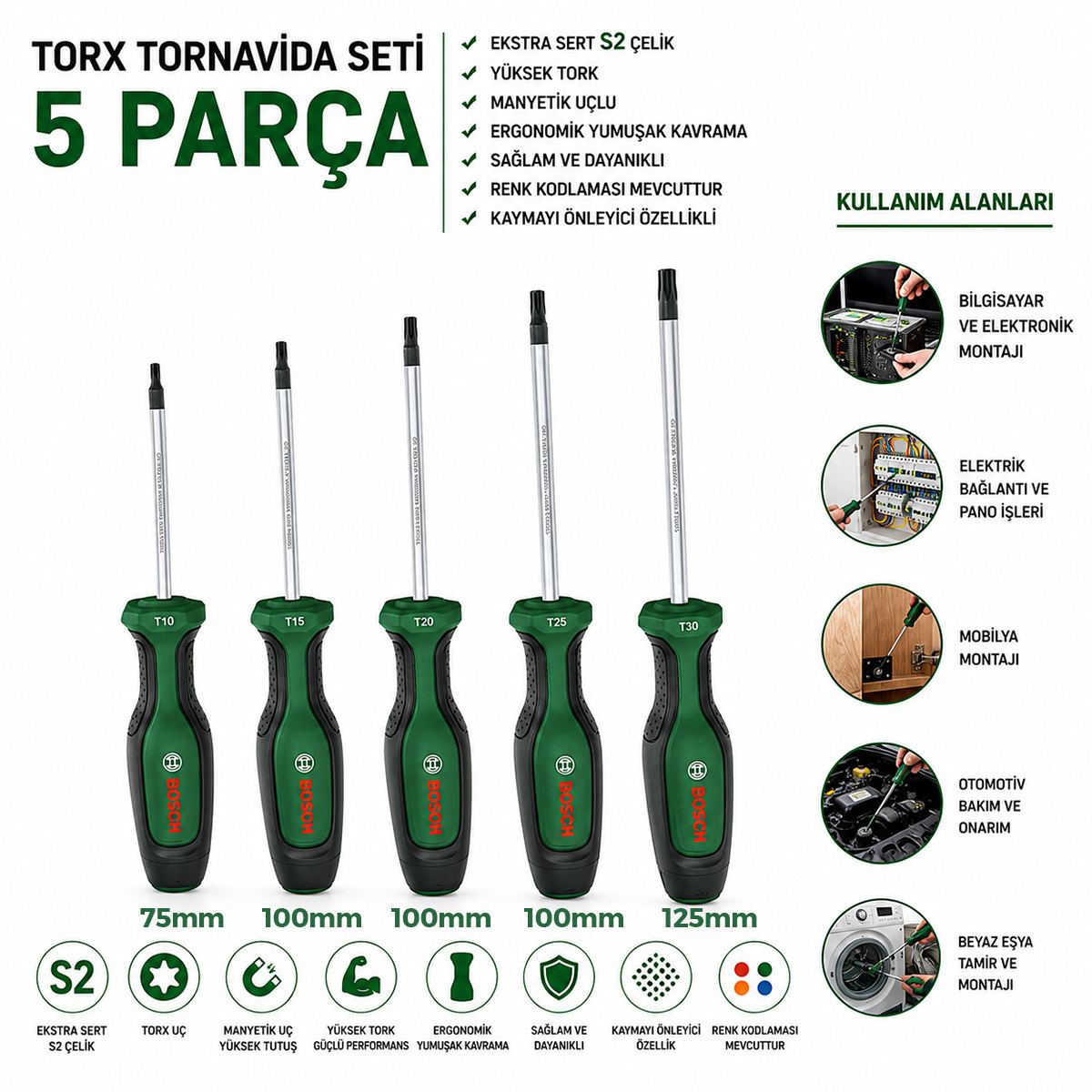 5 Parça Torx Tornavida Seti (TX10-TX30, 75-125 mm) - Görsel 2