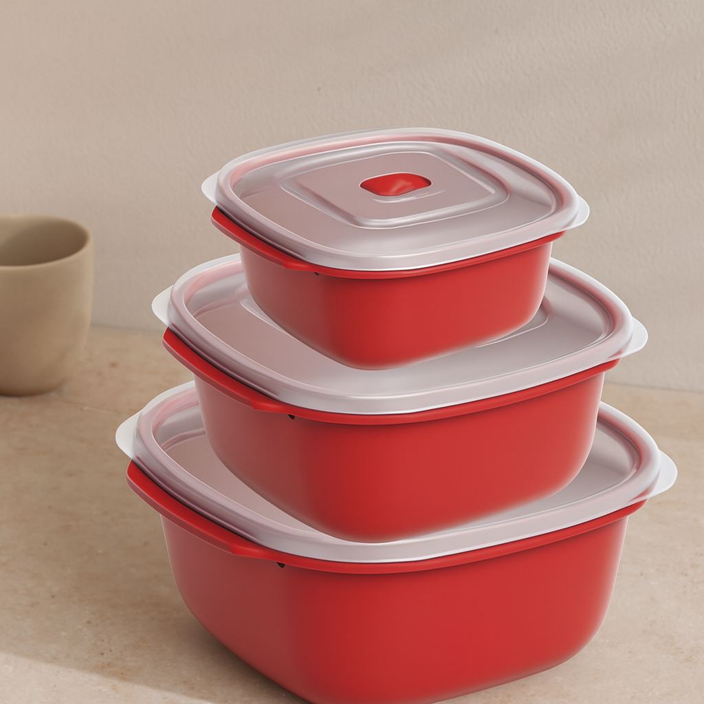 Kırmızı Kare Saklama Kabı Seti 3'lü (550/1100/2200 ml) - Görsel 2