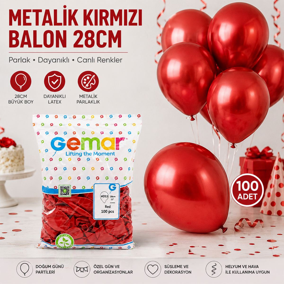 Metallic Kırmızı Balon 11'' (28 cm) - 100'lü Paket - Görsel 3