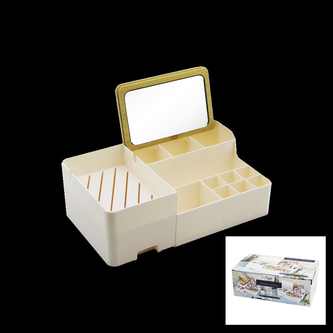 Aynalı Çekmeceli Makyaj ve Takı Organizer - 13 Bölmeli, Bambu Detaylı (28.5x17.5x9.5 cm) - Görsel 2